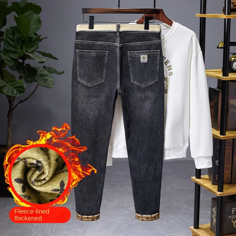 Jeans bordado de pele de vison masculino, forrado a lã, quente, confortável, combinando tudo, Stretch de rua, marca de moda, impressão, inverno