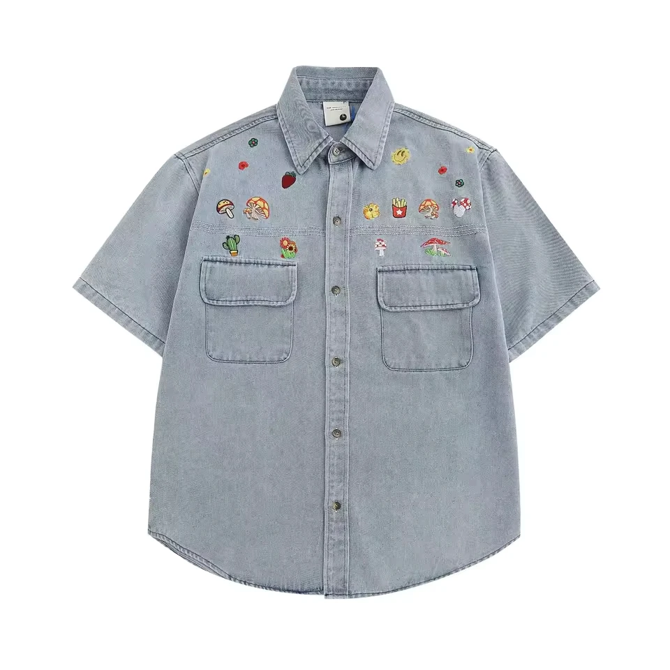 

Japanese Retro Denim Shirts for Men Short Sleeve Button Down Shirt Oversize Summer Men's and Women's Embroidery Top