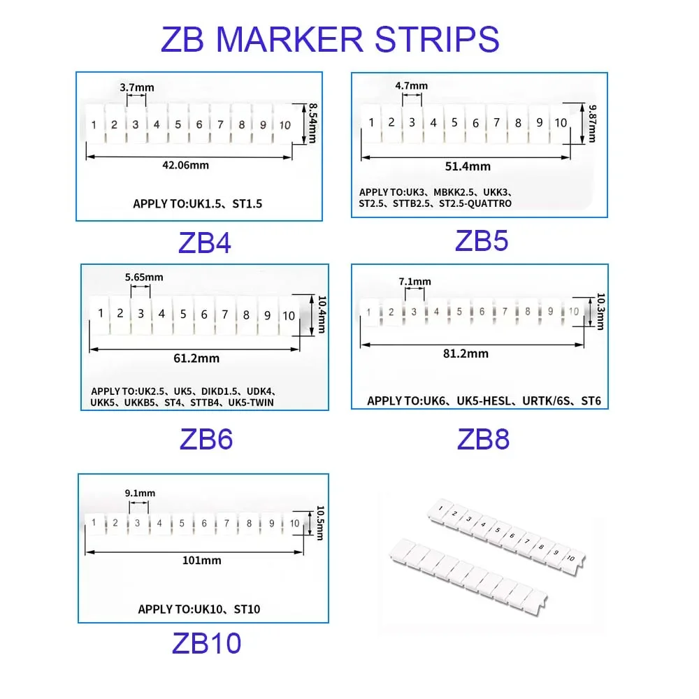 ZB5 Marker Strips With Numbering With Blank For UK3N MBKKB2.5 UKK3 UKKB3 And ST2.5 And PT2.5 DIN Rail Terminal Block 10Pcs