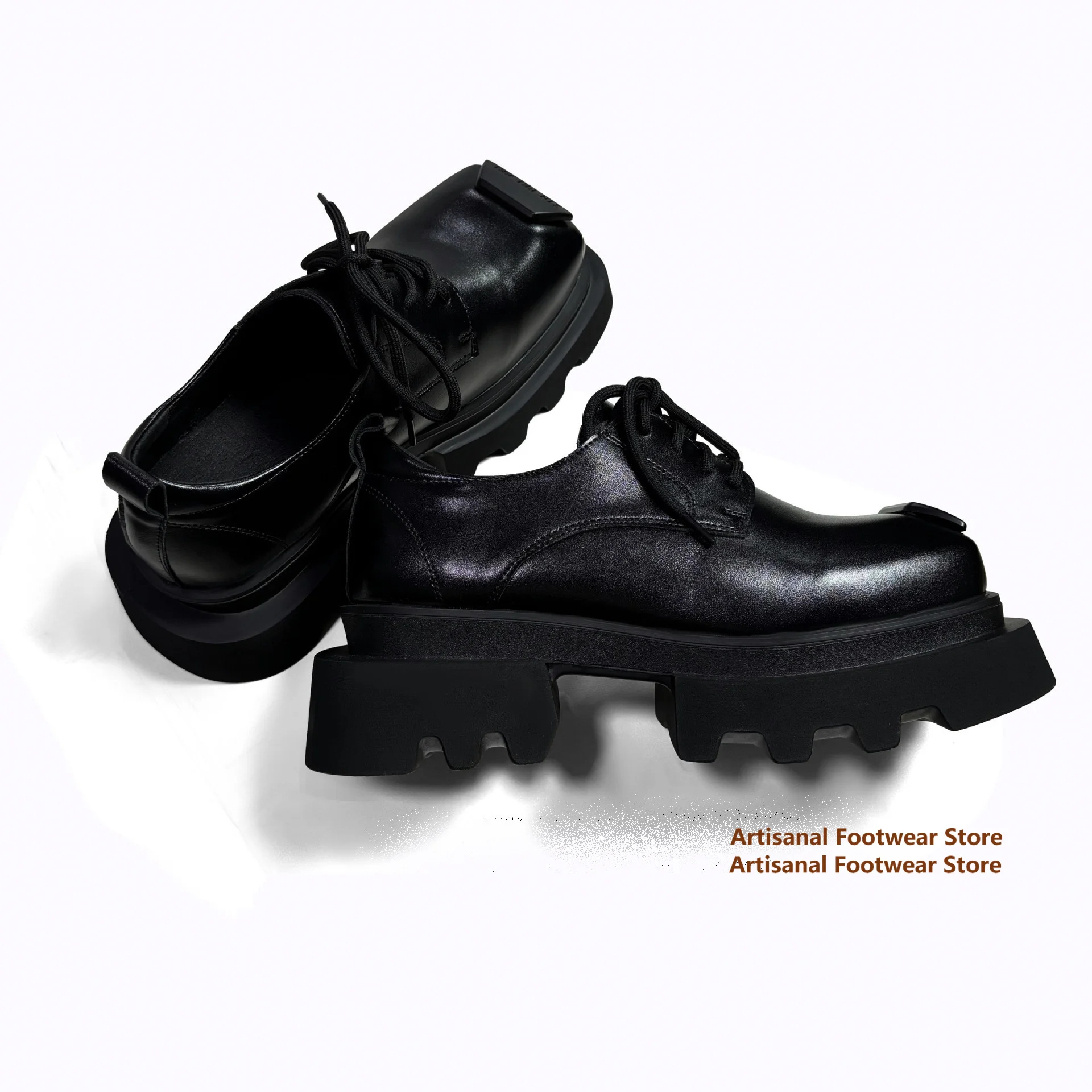 

Black Square-Toe Lace-Up Platform Boots Gothic Style Side Zipper Lace-Up Booties for Men Trendy Luxury Handmade Men's Shoes