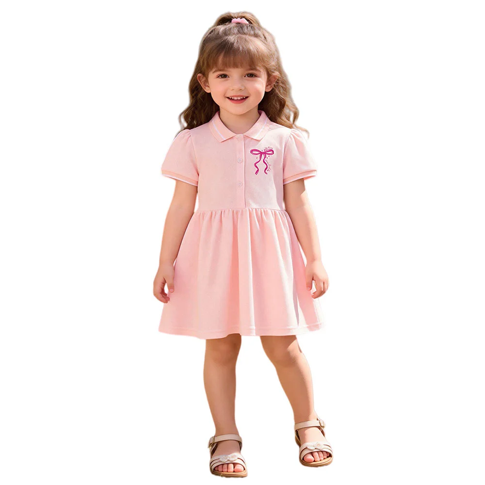

2-7T Summer Polo Girls Dress Bow Embroidery Baby Girls Party Birthday Short Sleeve Fashion Children's Clothing Kids Frocks