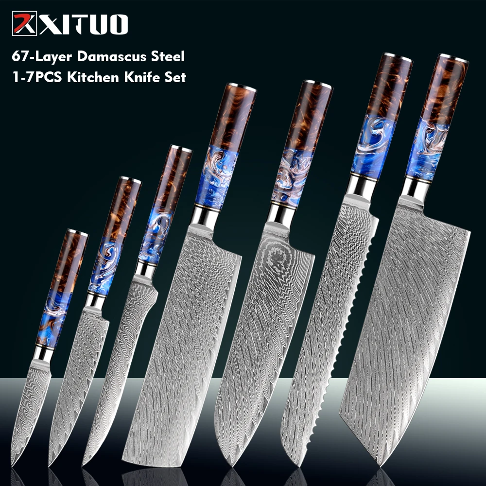 1-7PCS Damascus Steel Chefs Knives Set Sea Blue Resin Wood Handle Bread,Santoku,Cleaver,Paring,Boning,Professional Cooking Knife