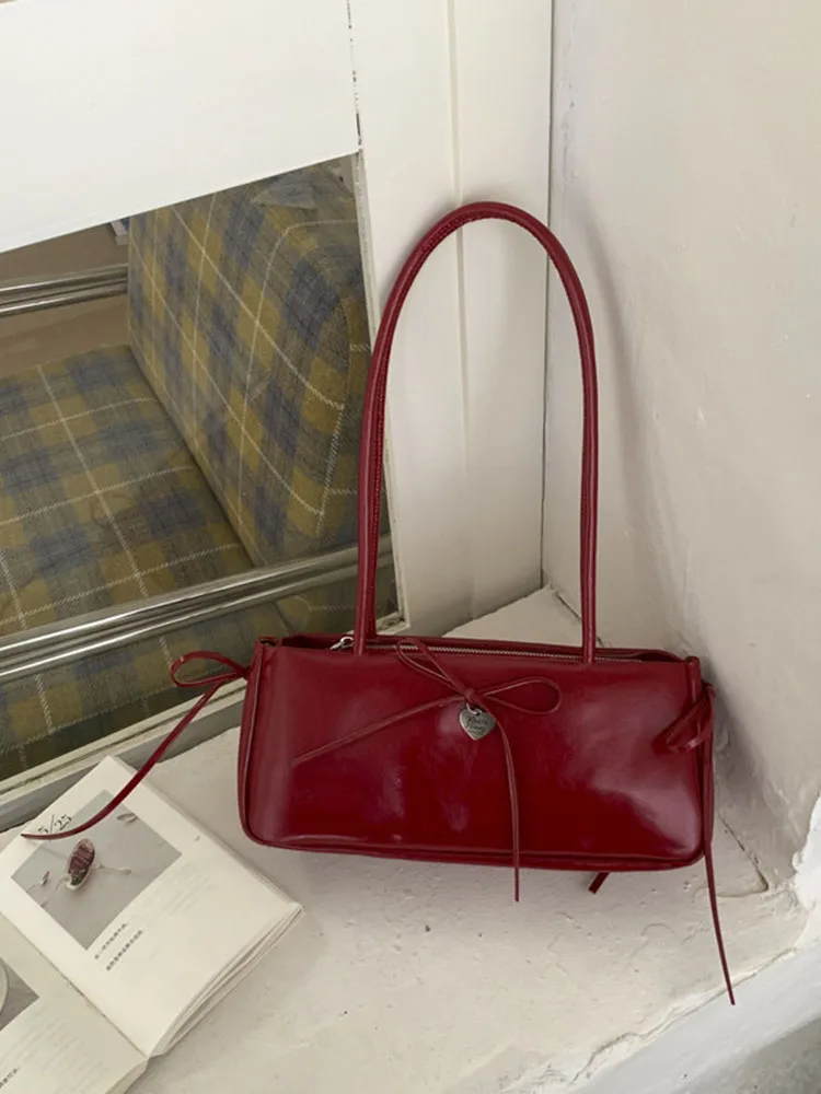 Korean Style Sweet Bowknot Single Shoulder Bags Women Trendy Solid Color PU Leather Underarm Bag Simple Versatile Female Handbag