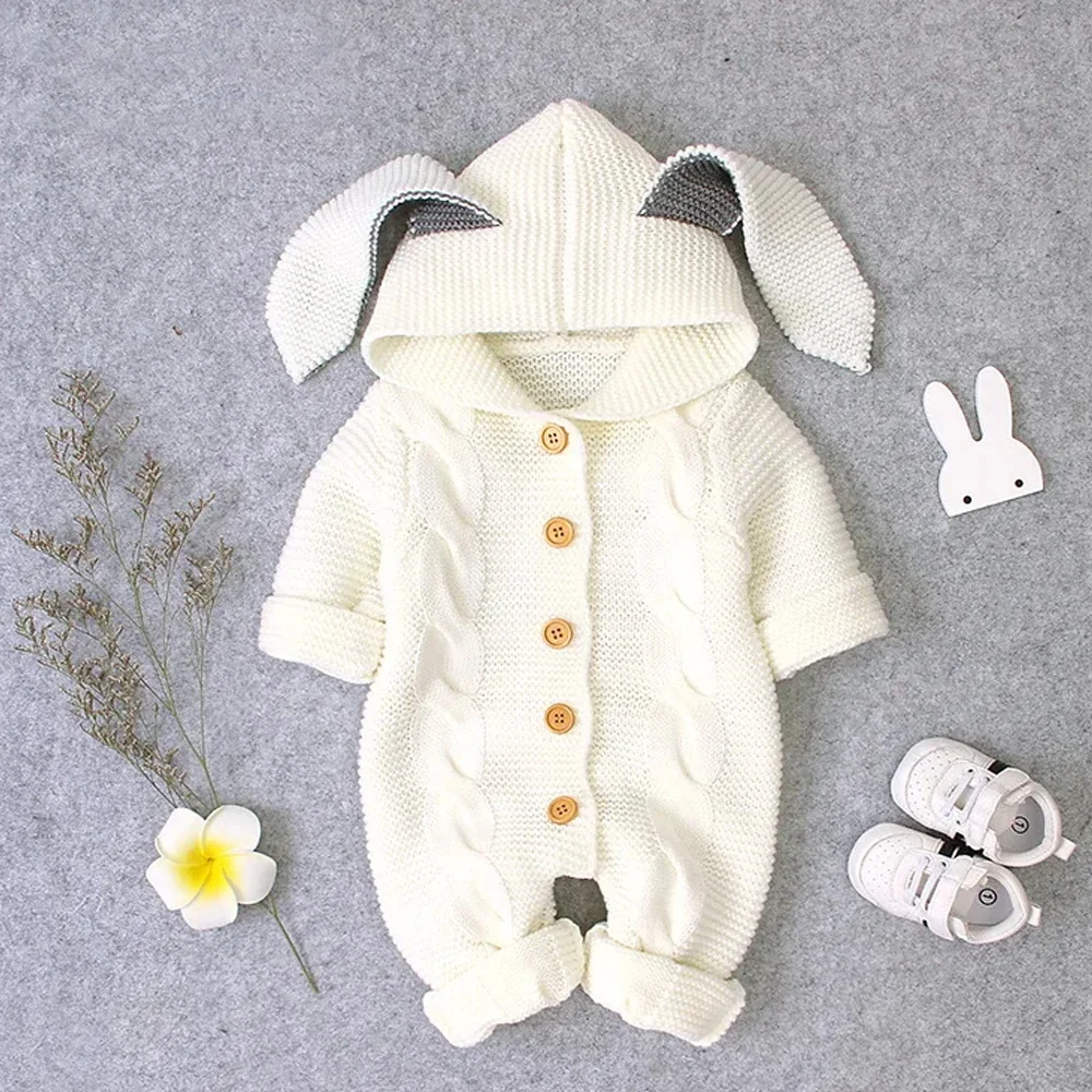 Spring Autumn Baby Romper Infant Bunny Ears Hooded Onesie Toddler Boy Girl Knitted Jumpsuit Solid Rabbit Button Pajamas Homewear