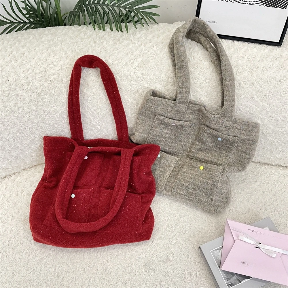 Korean Fashion Plush Tote Bag for Women Autumn Winter Shoulder Handbag with Phone Pouch
