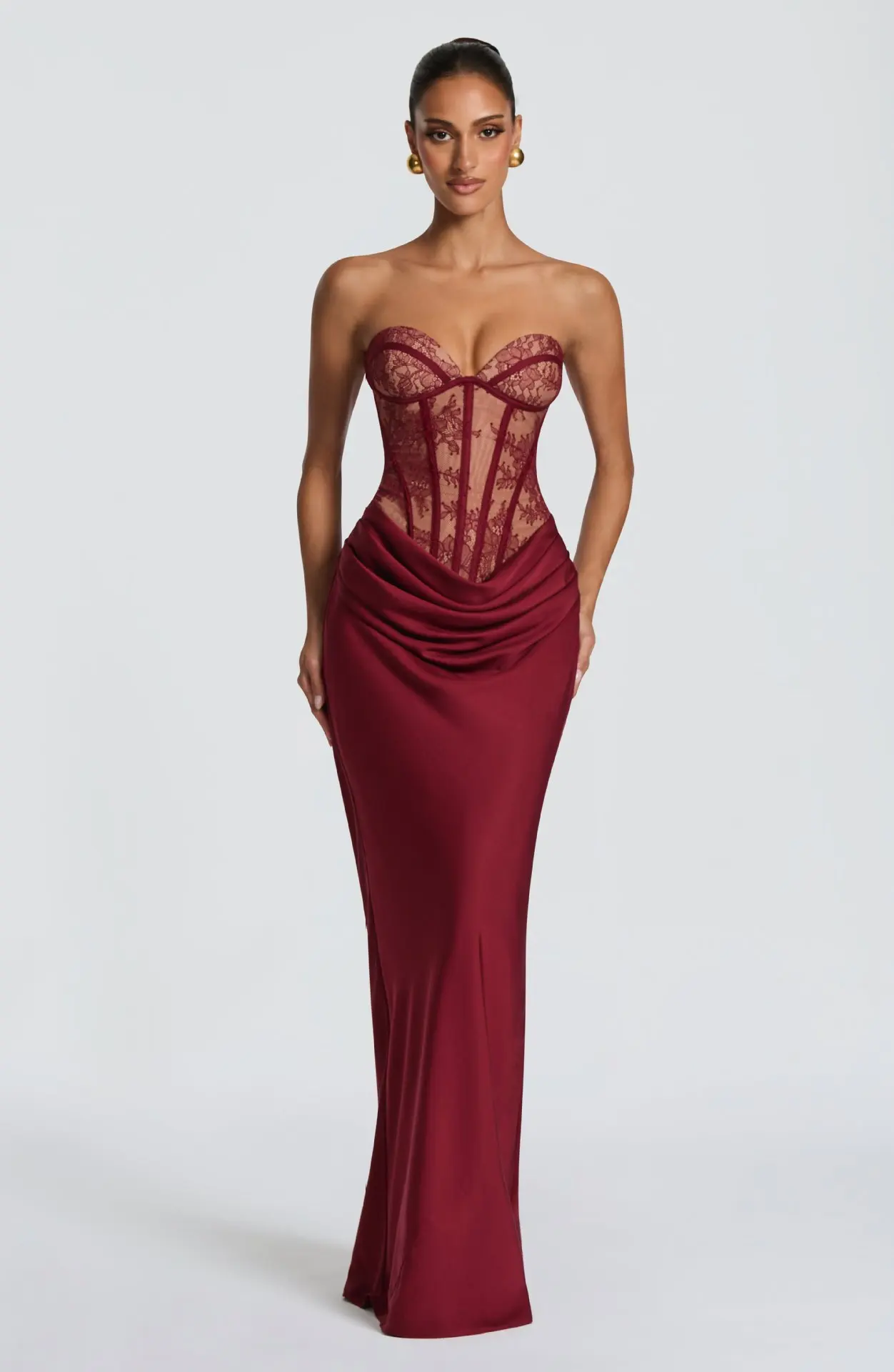 Trägerloses Spitzenkorsett-Maxikleid im Meerjungfrauenstil für Damen, drapiertes formelles Abendkleid für Partys – Detail 2