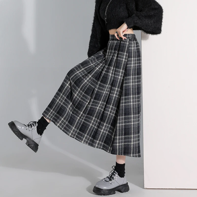 Vintage Woolen Pleated Skirt Women Fall Winter High Quality Plaid Long Skirt Female Preppy Style Streetwear Faldas Mujer 2025