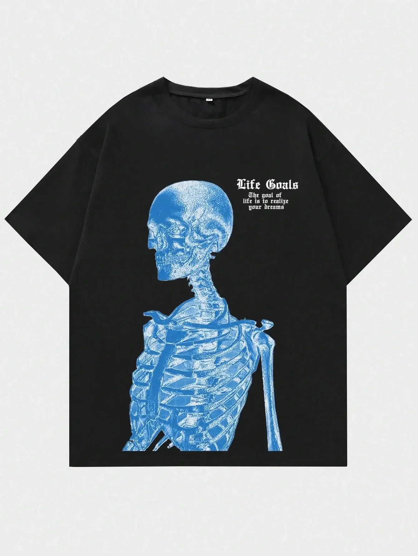 

Summer blue skull man's back letter print men's T-shirt, round neck pure cotton street fashion top, loose and soft clothes