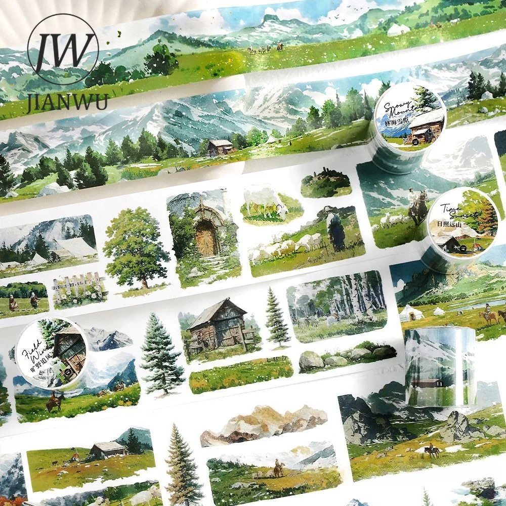 JIANWU Vintage Snow Mountain Tree Grassland Landscape Material Collage Scrapbooking Washi Tape Creative DIY Journal Stationery