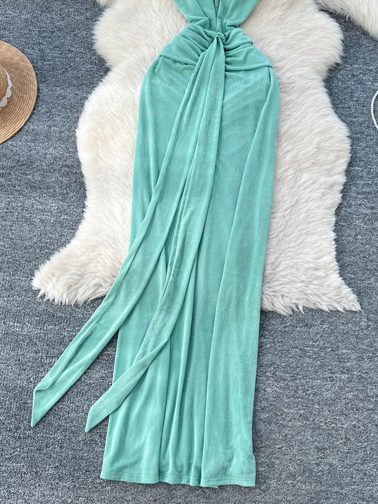 Sexy profundo v ne strapl bodycon saia longa feminina dr coreano sle cintura alta fibra de poliéster verão a linha dr