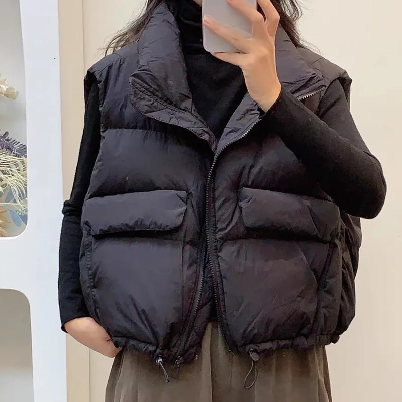 Gilet da donna in piumino d'anatra bianco Gilet corto senza maniche imbottito Capispalla invernale Seoртка ж Dön Dönusen sganпюшоном VT-369