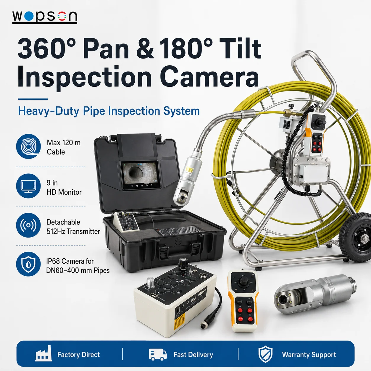 MYT WOPSON Waterproof Pipe Inspection Camera 9 Inch Display 8x Zoom SD Storage Pan Tilt Camera Head For Sewer Duct Inspection