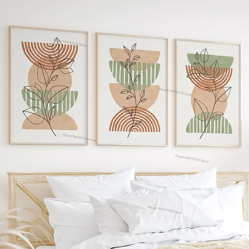 Boho Green Lines Leaves Geometry Wall Art Canvas Painting Abstract Posters And Prints Pictures For Living Room Office Home Decor