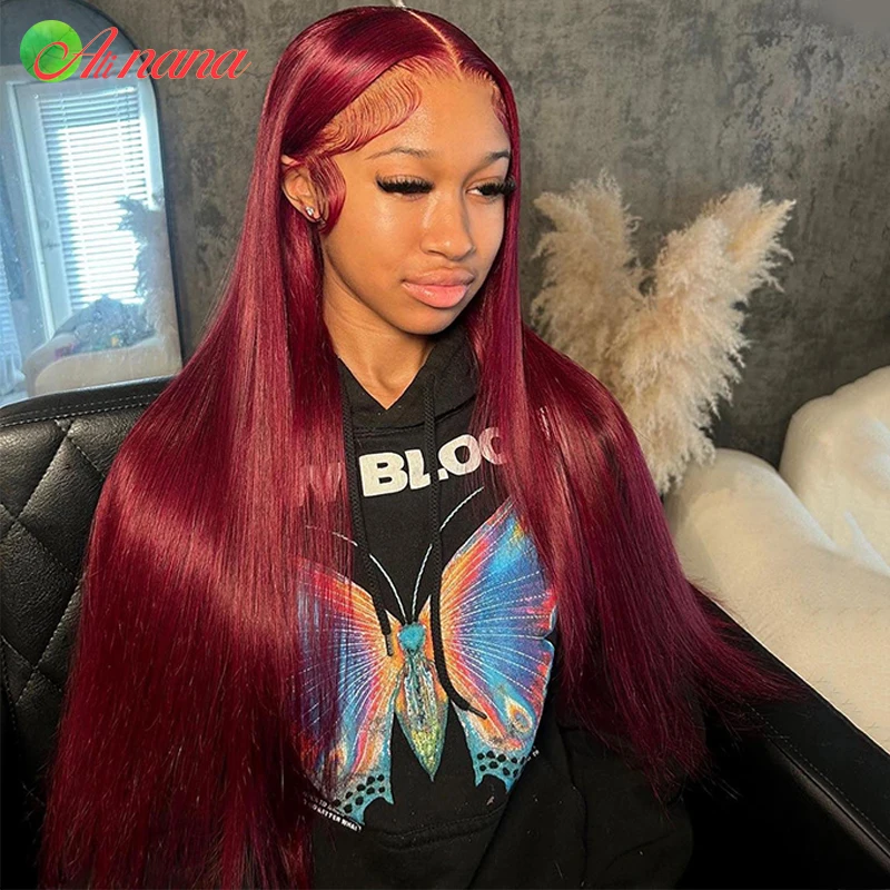 Peruvian Straight Hair Lace Front Wig 99 Cherry Red 99J Burgundy Colored Pre-Plucked 13x4 Lace Frontal Human Hair Wigs for Women