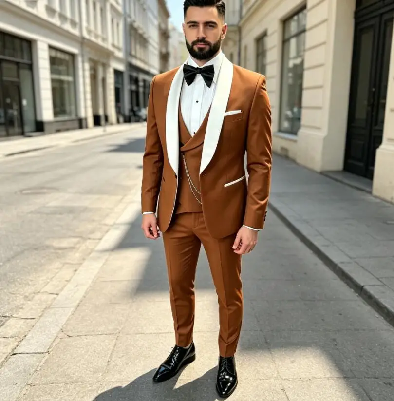 White Shawl Lapel One Button Slim Fit Men Suit 3 Pcs Groom Prom Wedding Blazer Costume Homme (Jacket+Pants+Vest) Terno Masculino