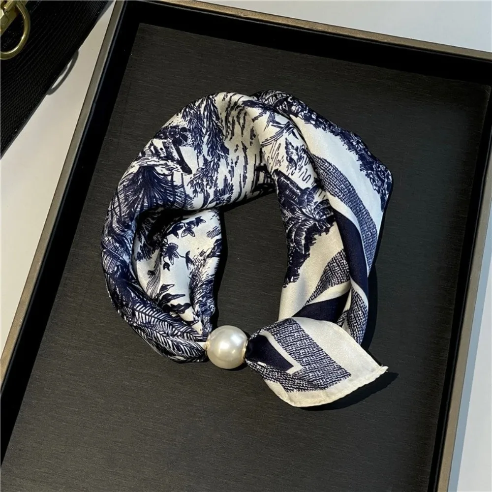 New Pearl Buckle Silk Scarf Printed Thin Neck Scarf Lightweight Soft Neckerchief Women
