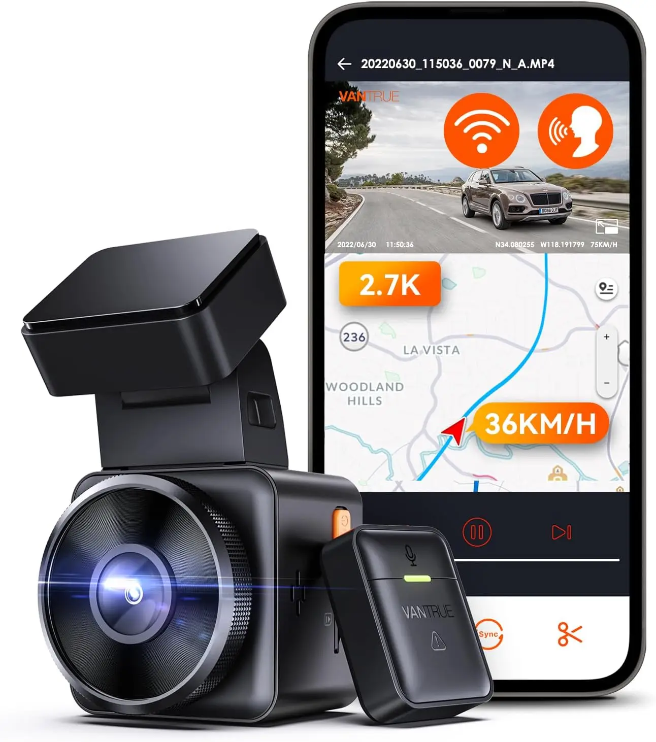 E1 2.7K WiFi Mini Dash Cam, Voice Control Front Car Dash Camera with GPS&Speed, Super Night Vision, Wireless Controller&App, 24