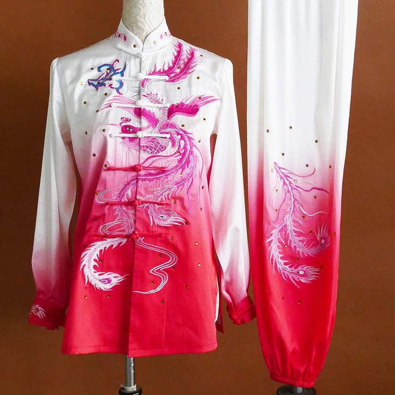New Custom Phoenix Embroidery White Rose Red Gradient Tai Chi Uniform Kung Fu Suit Team Performance Competition Men Women Custom