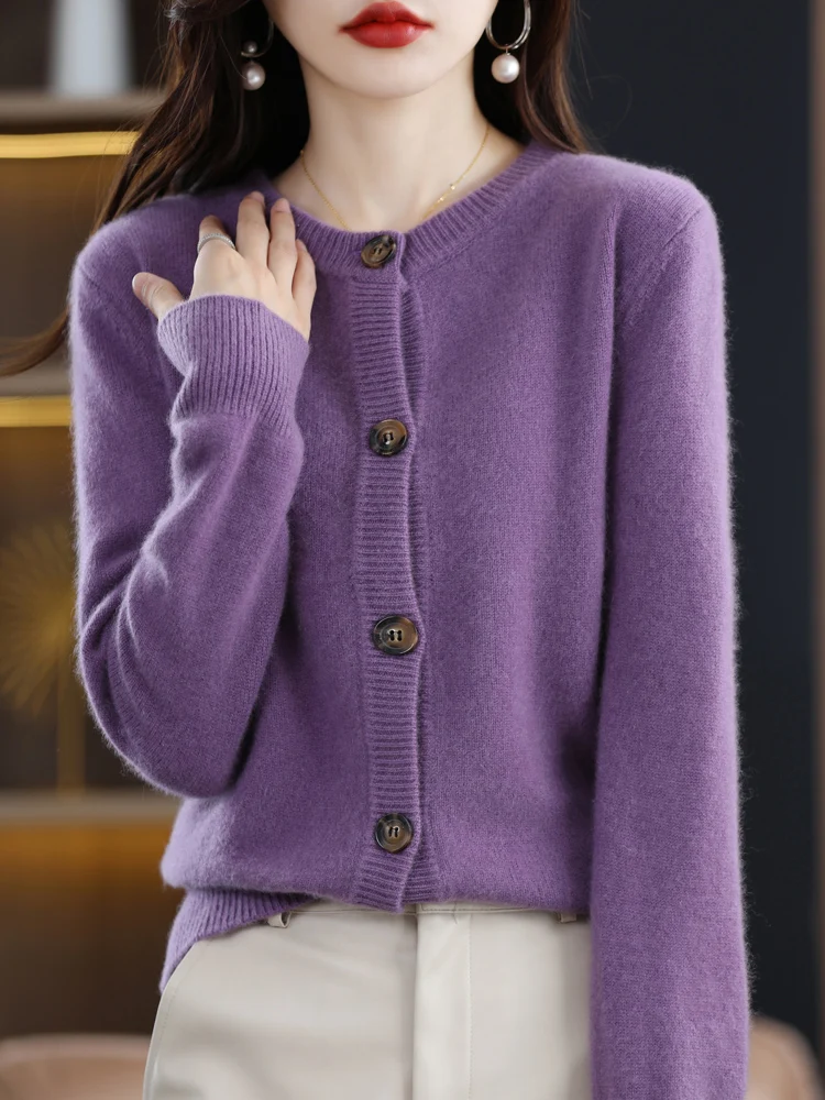 High Quality Women 100% Merino Wool Sweater O-Neck Solid Knitted Cardigan Casual Basics Cashmere Tops Autumn Winter Clothing