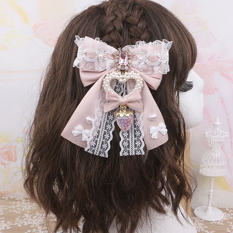 Handmade Japanese Style Mine Headdress Barrettes Female Girls Sweet Side Clip Big Bow Lace Strawberry Pendant Hair Clips