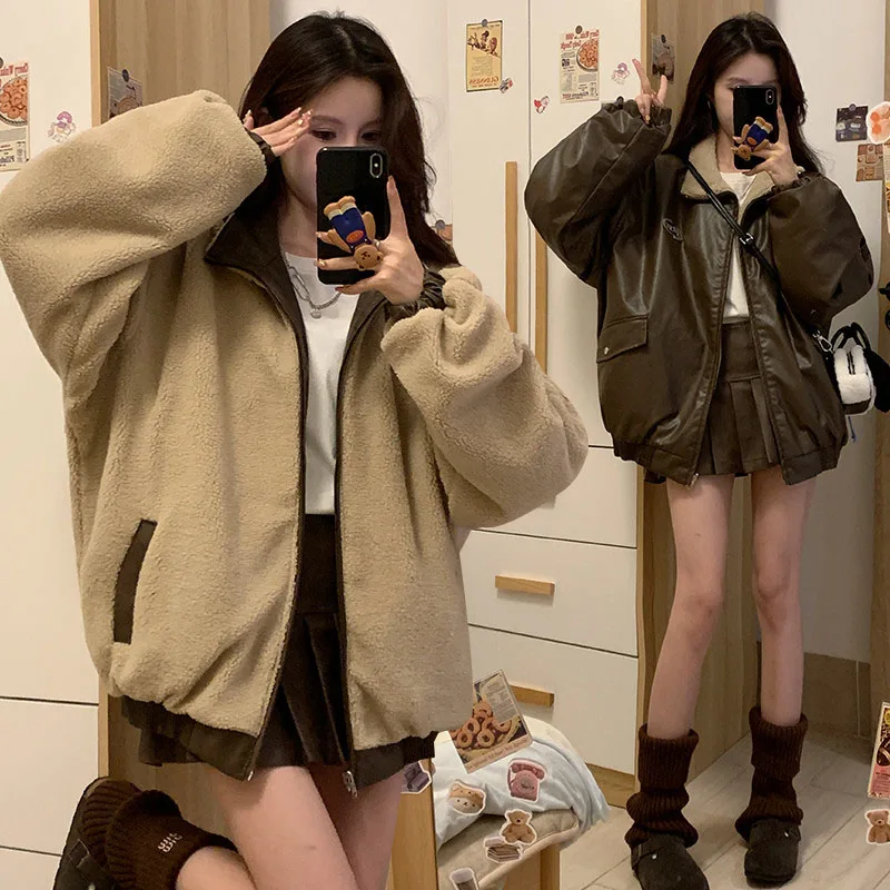 Damen-Wolljacke mit Plüschfutter, Vintage-Stil, beidseitig tragbar, PU-Lederjacke für Damen, Herbst/Winter 2026, dicke, warme Fleece-Mäntel
