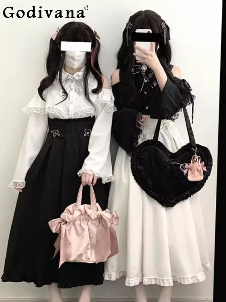 

Spring Summer Sweet Japanese High Waist Heart Shape Buckle High Waist Skirt Fashion Girl Versatile Age Reduction Long Skirts