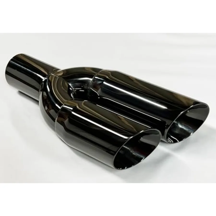 Ujung Knalpot Dual Round Slant dengan Inlet 3.00 dan Outlet 3.00, Panjang 13.00, Finishing Hitam Chrome pada Baja Tahan Karat 304, Ideal untuk Hi