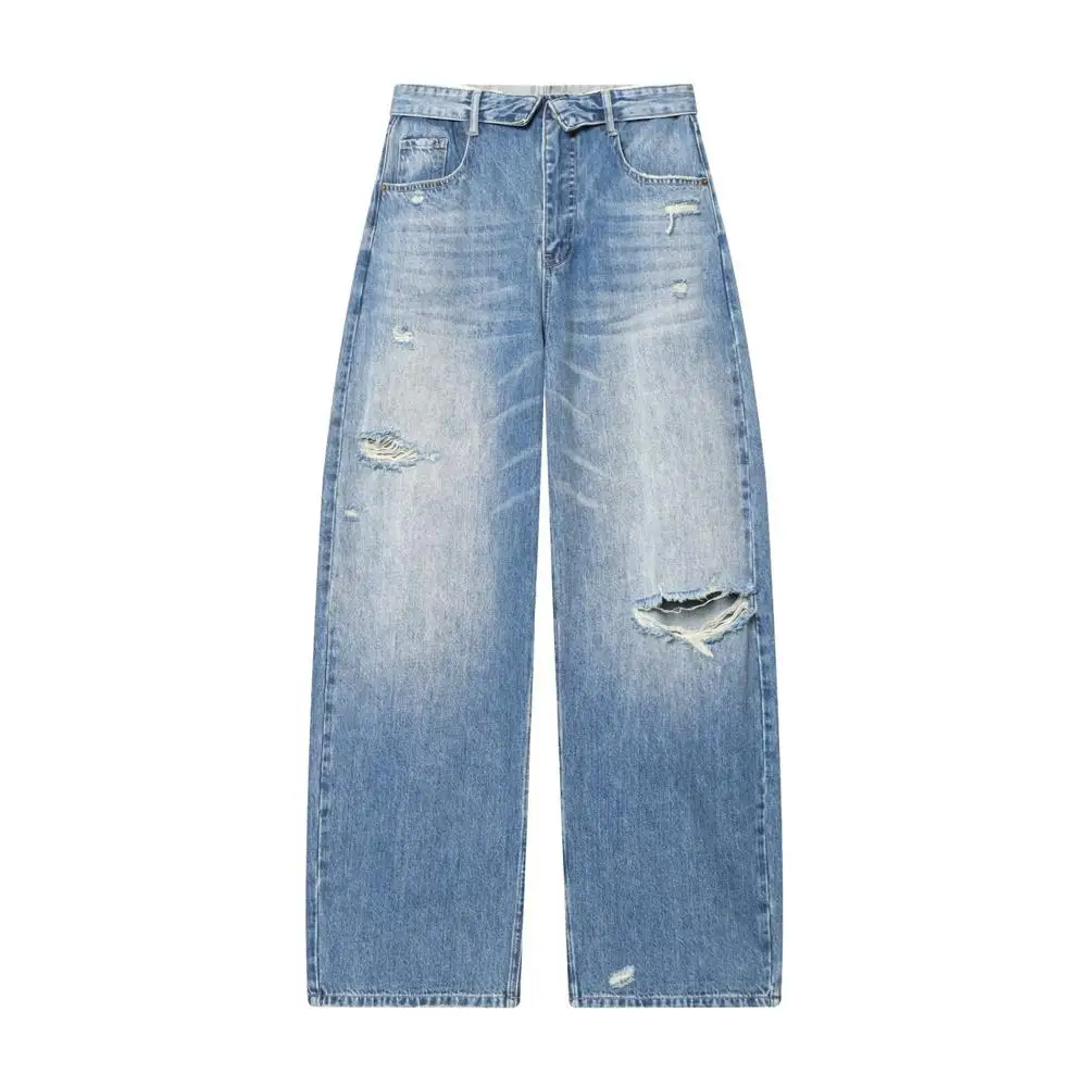 2026 New Women's Clothing French Casual Design with Perforated Details, Mid Waist Folding Waist Jeans