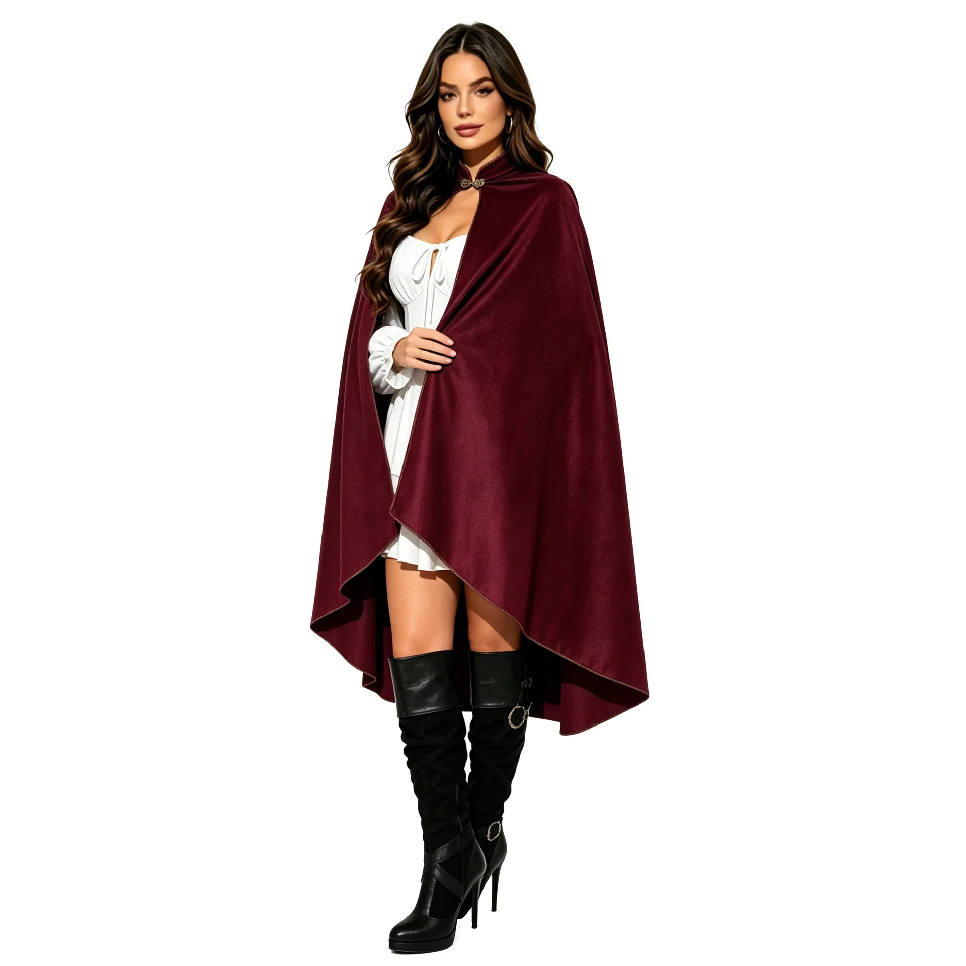 Medieval Velvet Cape Adults Gold Trim Stand Collar Cloak Renaissance Witch Wizard Cosplay Cape Carnival Party Halloween Costume - view 5