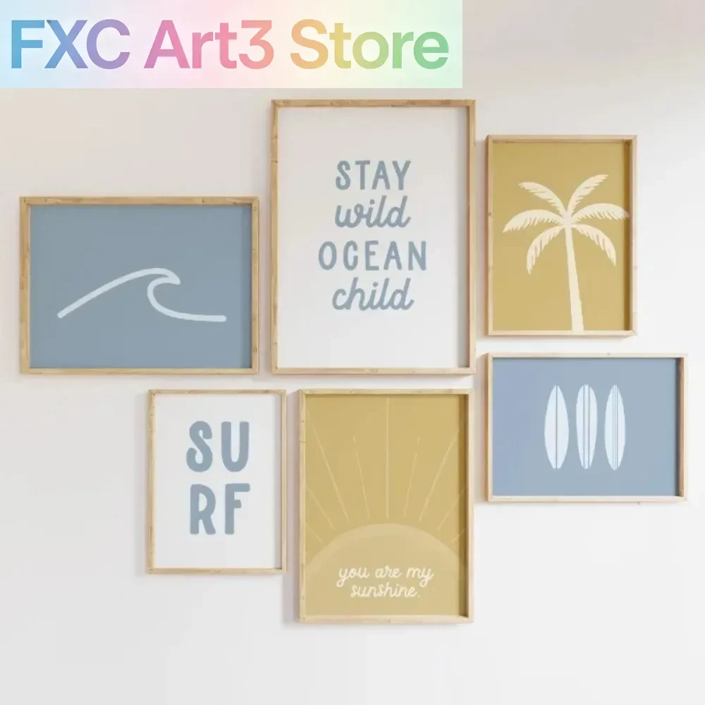 Frameless Boho Beach Surfer Sunset Minimalism Surfboard Sea Wave Poster Canvas Printing Wall Art Living Room Decor