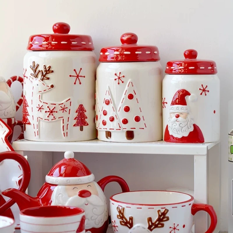 Santa Claus Elk Tree Round Ceramic Sealed Jar Candied Dried Fruit Nut Food Storage Container Kitchen Accessories Candy Jars