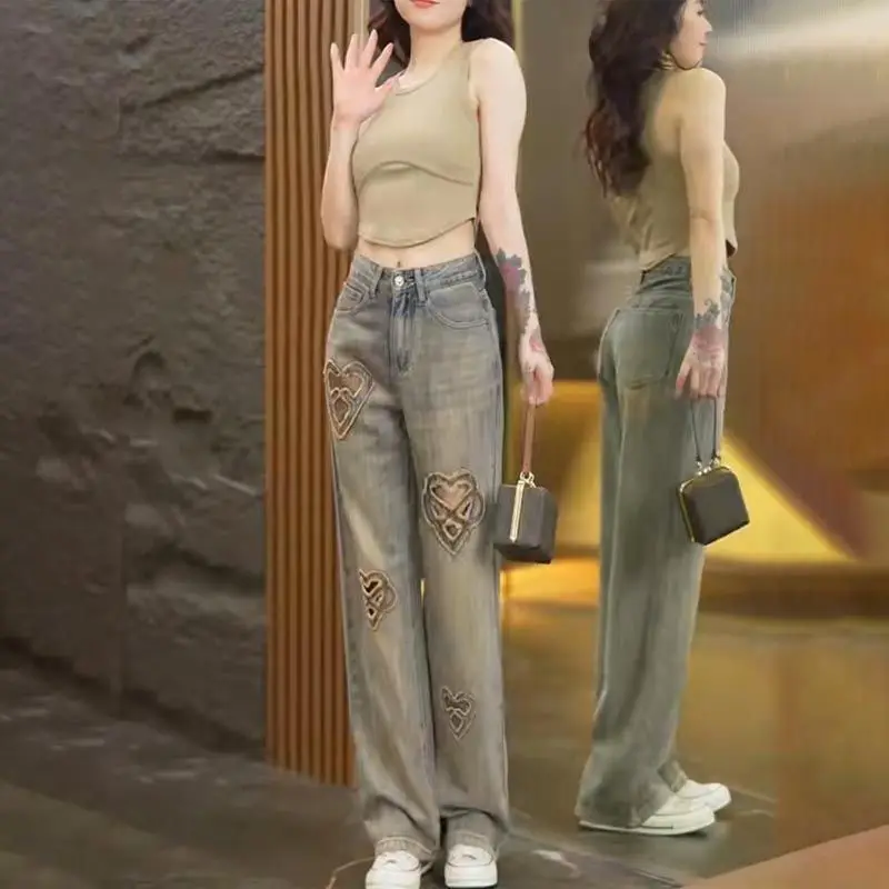 Spring Summer New Light Color Ripped Straight Jeans for Women's Heavy Industry Pattern Nail Beads Floor Wide-leg Trousers