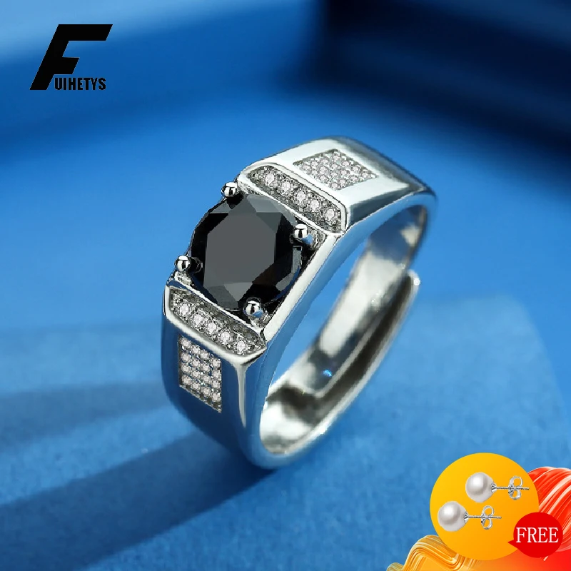 FUIHETYS Trendy Men Ring with Zircon 925 Silver Jewelry for Wedding Engagement Party Bridal Gift Accessories Open Finger Rings