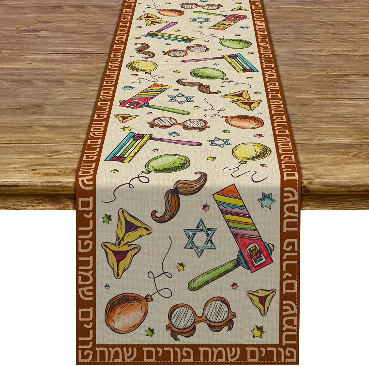 Happy Purim Linen Table Runner Holiday Party Decoration Rustic Jewish Carnival Dining Table Runner for Home Kitchen Decor