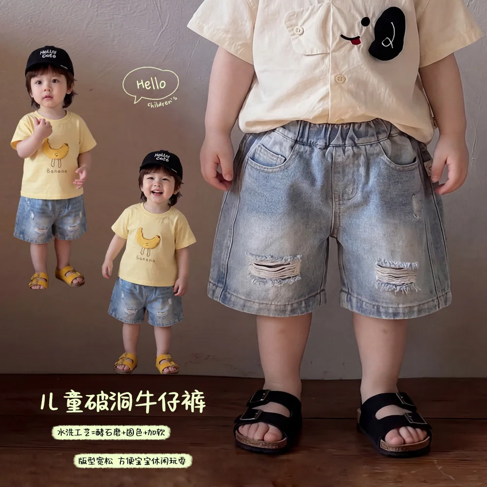 Boys Denim Shorts Summer Ripped Korean Style Thin Knee Length Breathable Jean Shorts Toddler Casual Daily Wear 0-5T