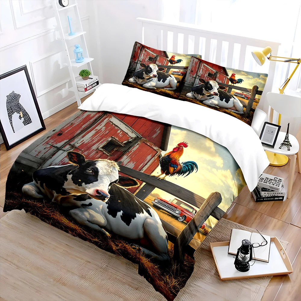 Farm theme cow and rooster Print Soft Comfortable Duvet Cover Bedding Set Included 1*Duvet Cover  2*Pillowcases Luxury gifts