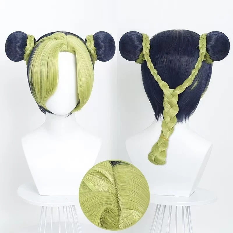 Jolyne Cujoh Cosplay Wig Anime Character Short Hair Teal Blue Double Buns Style Rose Net Heat Resistant Synthetic Fiber Wig