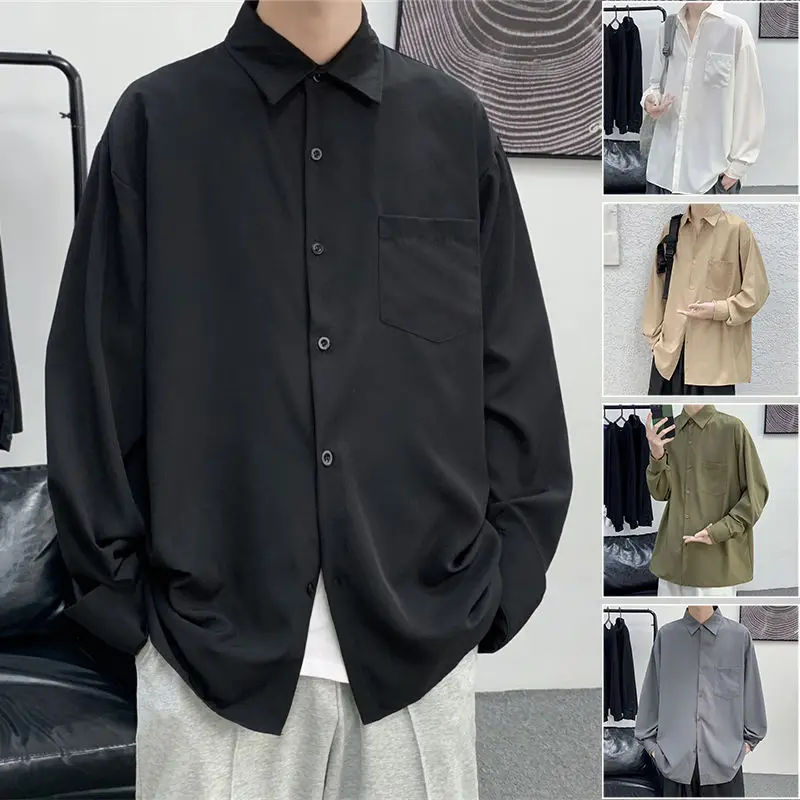 

Men Korean Style Fashion Long Sleeve Shirts 2023 Mens Harajuku Oversized Solid Color Shirt Male Button Up Shirts Blouses C72