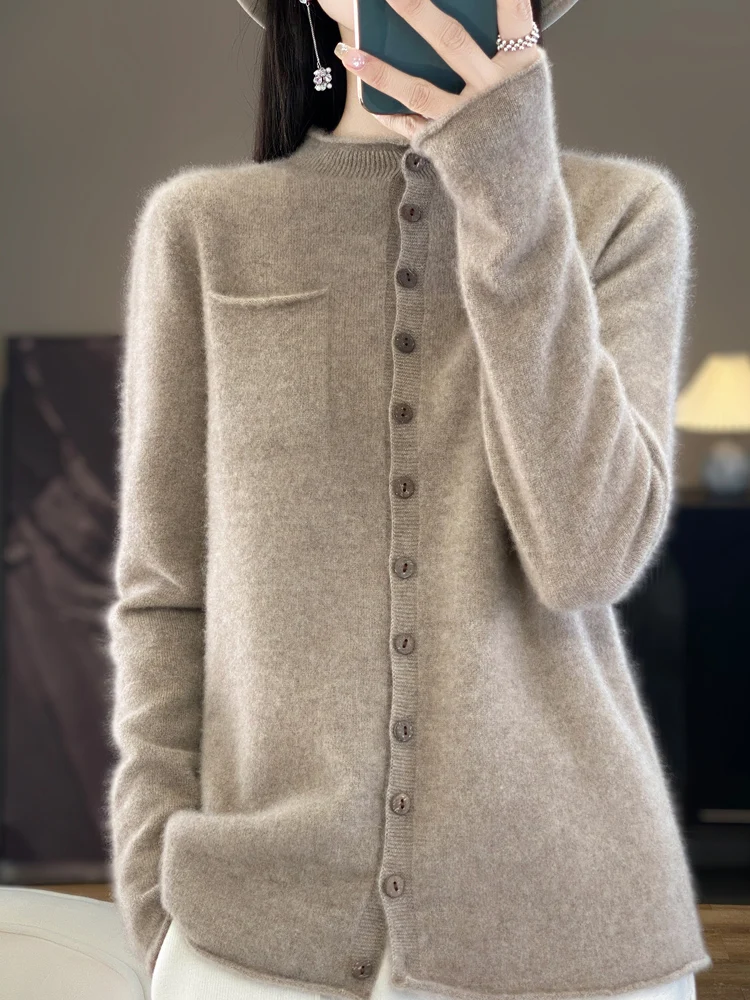 2024 Autumn Winter Women Pure Merino Wool Sweater Solid Button O-Neck Cardigan Knitwear Casual Pockets Cashmere Clothing Tops