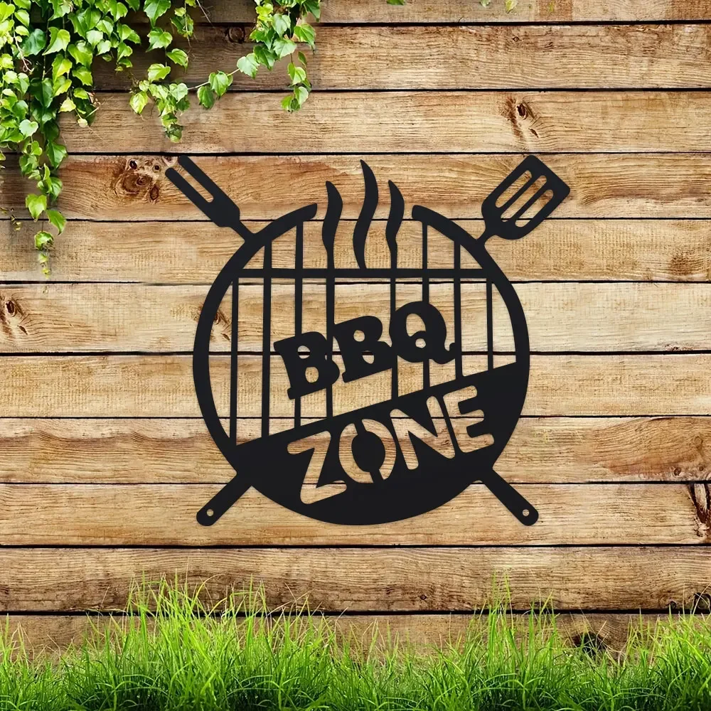 Eisenmaterial, ideal für Garten- und Terrassendekoration, Raumdekoration, 1 Stück, bezauberndes Metallschild „BBQ Zone“.