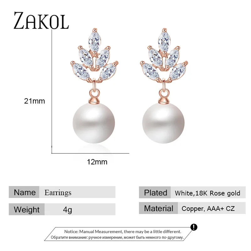 ZAKOL Elegant Leaf Cubic Zirconia Dangle Earrings for Women Luxury Imitation Pearl Bridal Wedding Party Jewelry