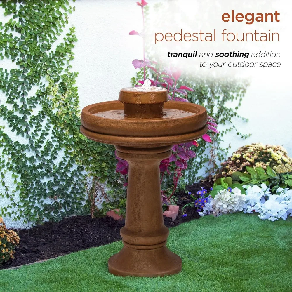 Alpine Corporation TZL202 Outdoor Floor Vintage Pedestal Water Fountain with Bird Bath and LED Lights, 29