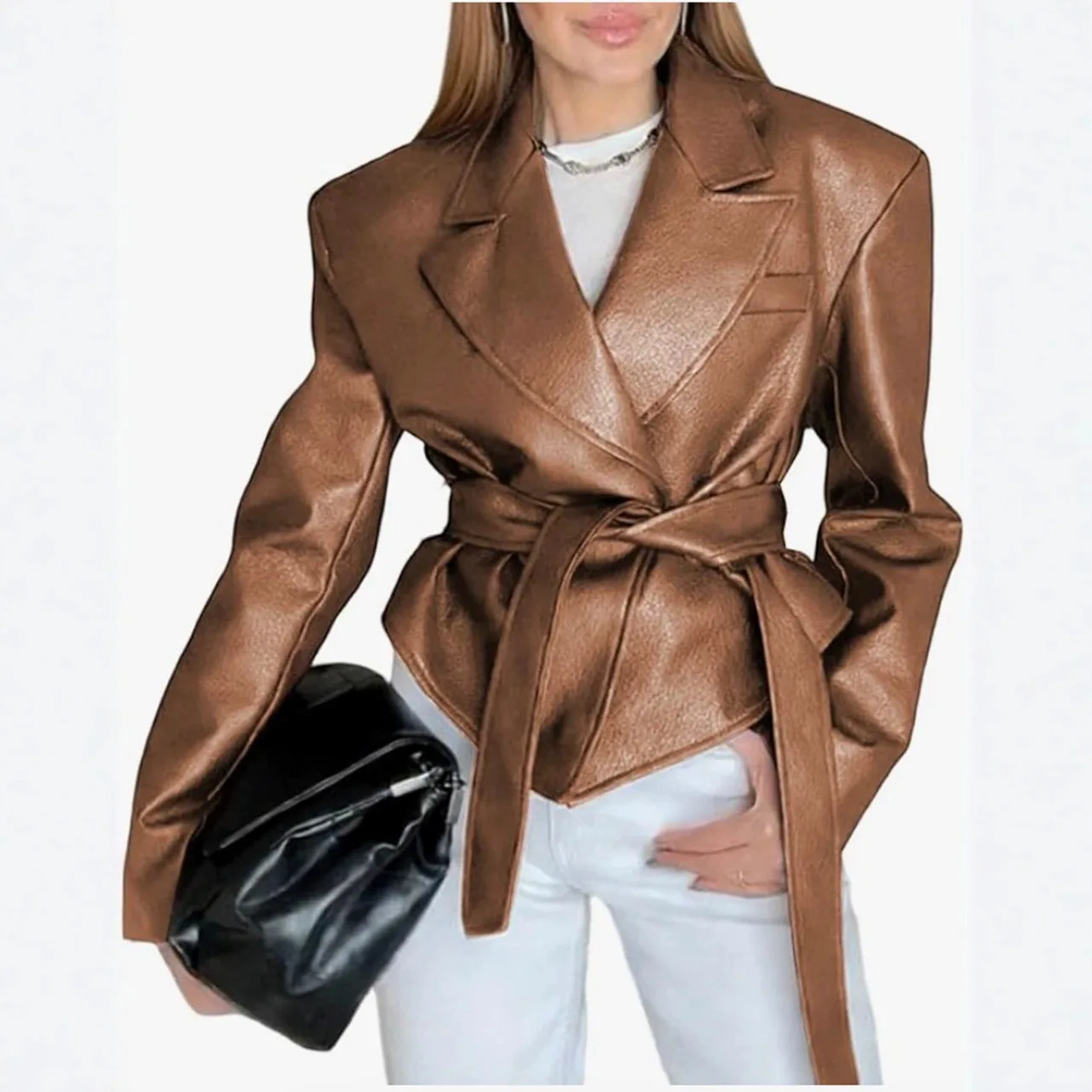 Fashionable Slim Fit Belted Leather Jacket Women's Outerwear Cross-Border Style Elegant Thinming Ultra-Short Length