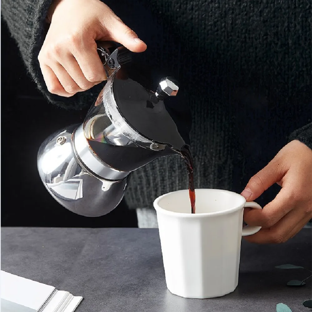 

4/6 Cups Visible Moka Pot Stainless Steel Universal Coffee Maker Pot Transparent Pot Body Espresso Italian Coffee Machine