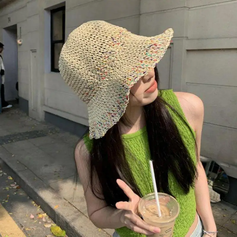 .Hot Sale-Women Handwoven Rainbow Straw Wide Brim Beach Fisherman Hat,Korean Breathable Summer Cap 2026