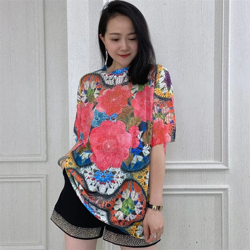 Women's Luxury Printed Diamond Knitted T-shirts, Loose Casual Floral Tops, Ladies Summer Clothes, Korean Fashion image 2