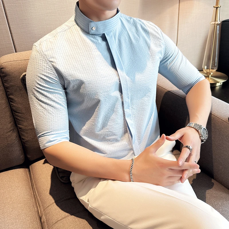 

Men's Summer High Quality Half-sleeved Shirts Male Slim Fit Stand Collar Solid Color Fashion Shirts 4XL-M