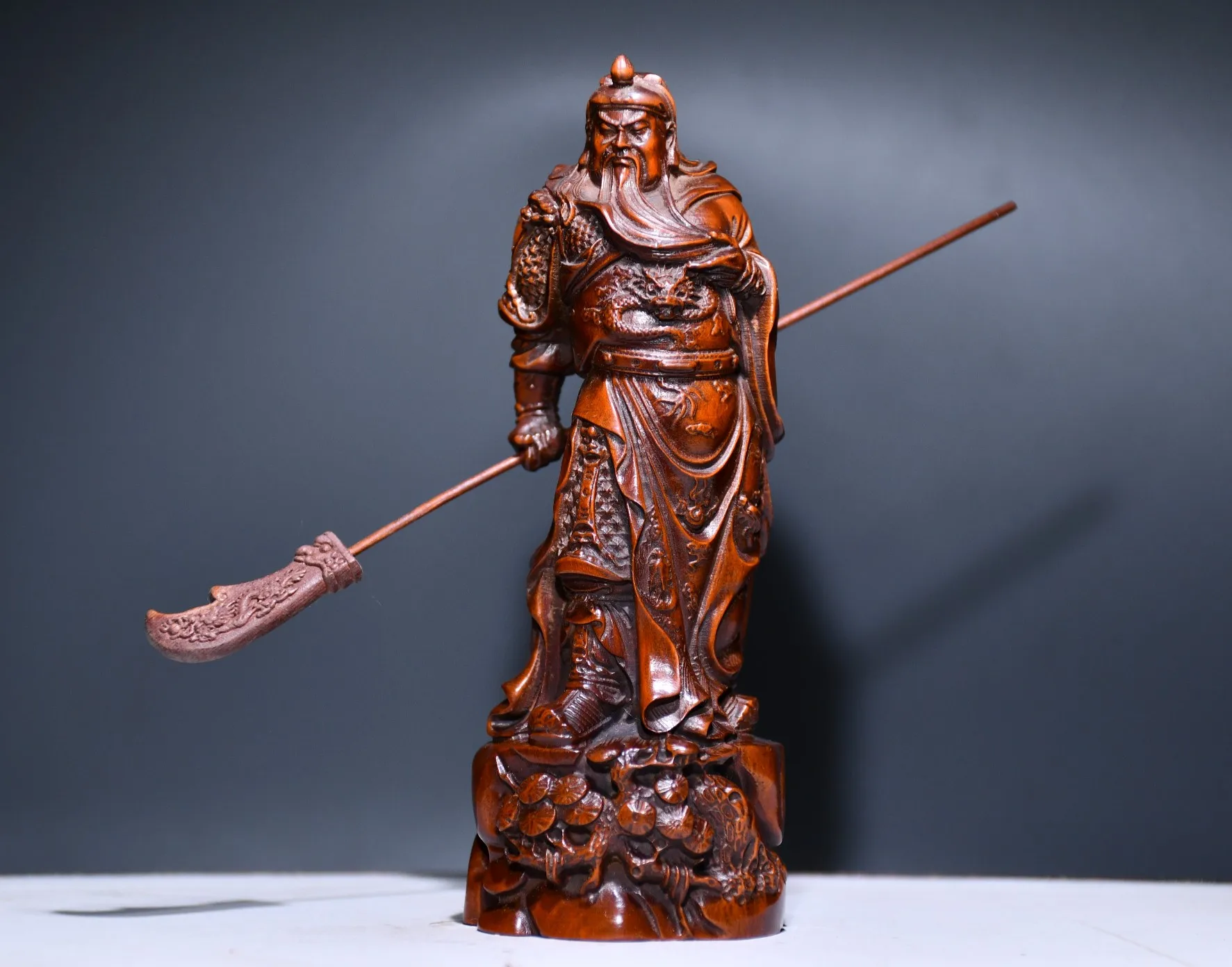 

5"Tibetan Temple Collection Old Boxwood Wu Guan Gong Guan Yunchang Statue Incarnation of Loyalty Worship Hall Town House