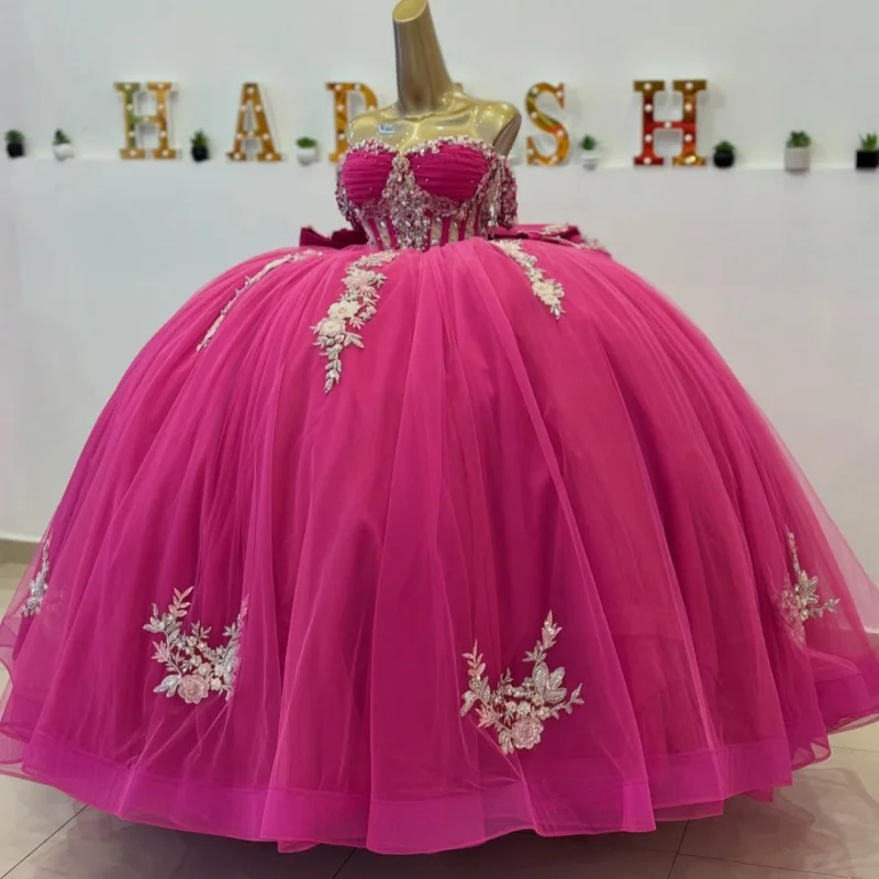 

Rose Red Quinceanera Dress off-shoulder Glitter Flower Crystal Decal Long tail Big Bow vestidos de 15 Quinceanera ﻿Customize