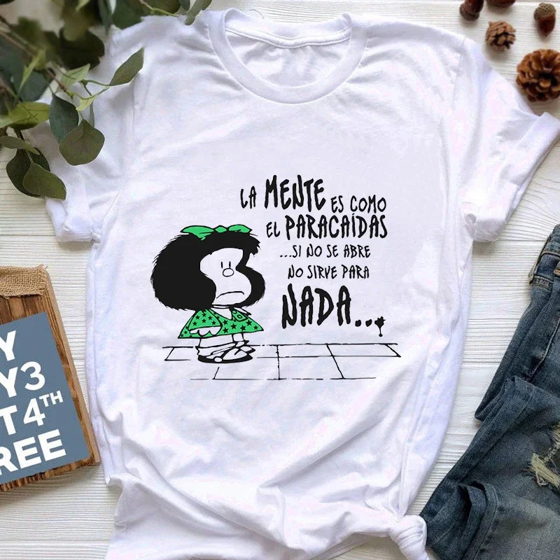 Mafalda T-shirt Women Summer Harajuku Letter Print Short Sleeve Fashion Creativity Casual Girl Tops Tee 90s Cartoon Tshirt Femme